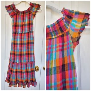 Jun & Ivy Gingham Multi Colored Flutter Sleeve Tiered Swing Midi Dress